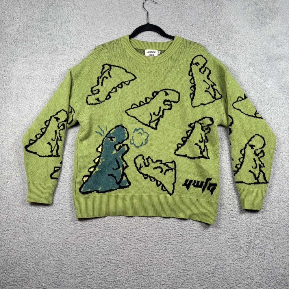 Aelfric Eden Sweater Men's M Green Dino T-Rex Knit Heavyweight Dinosaur Crewneck
